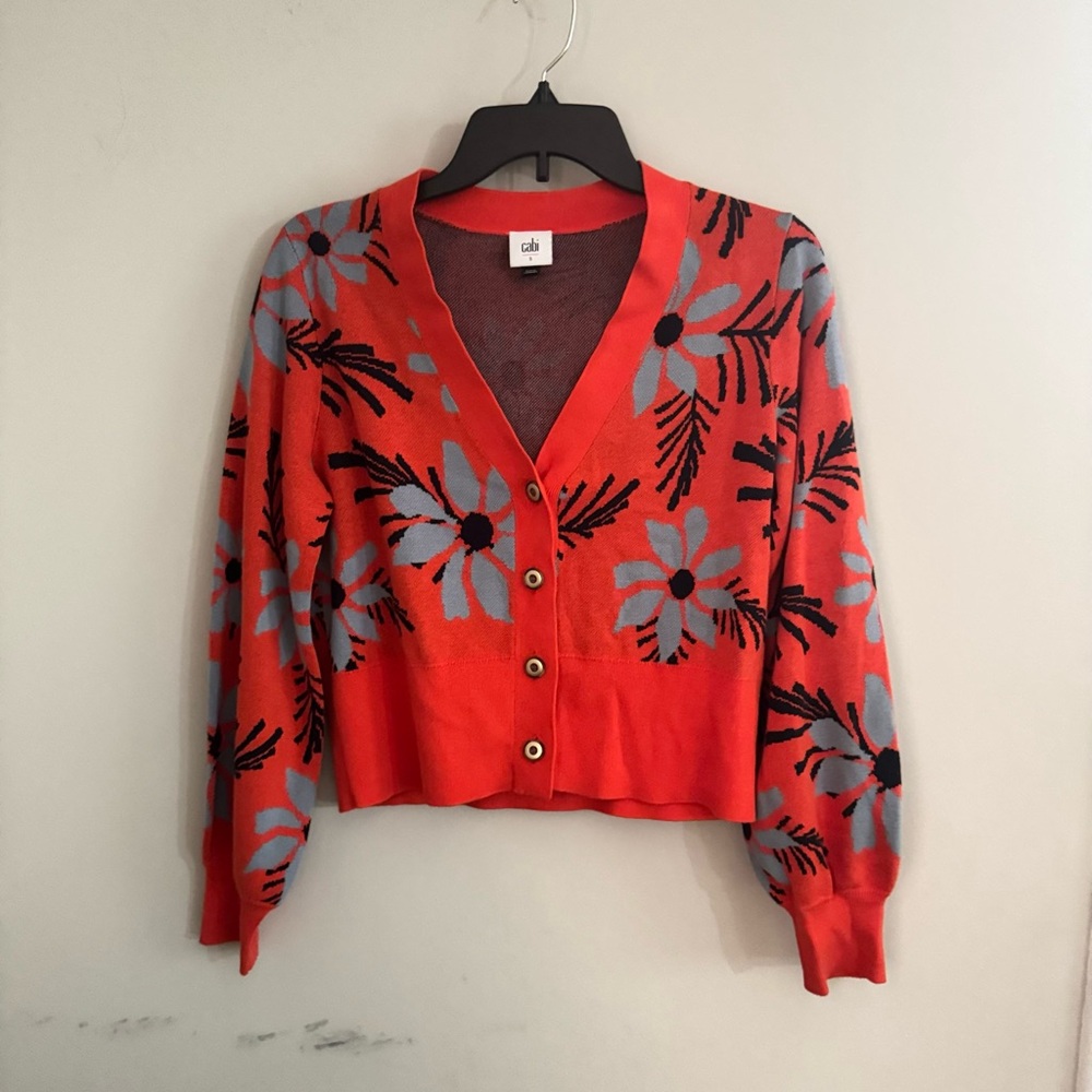 CAbi Vibrant Red Cardigan with Floral Accents